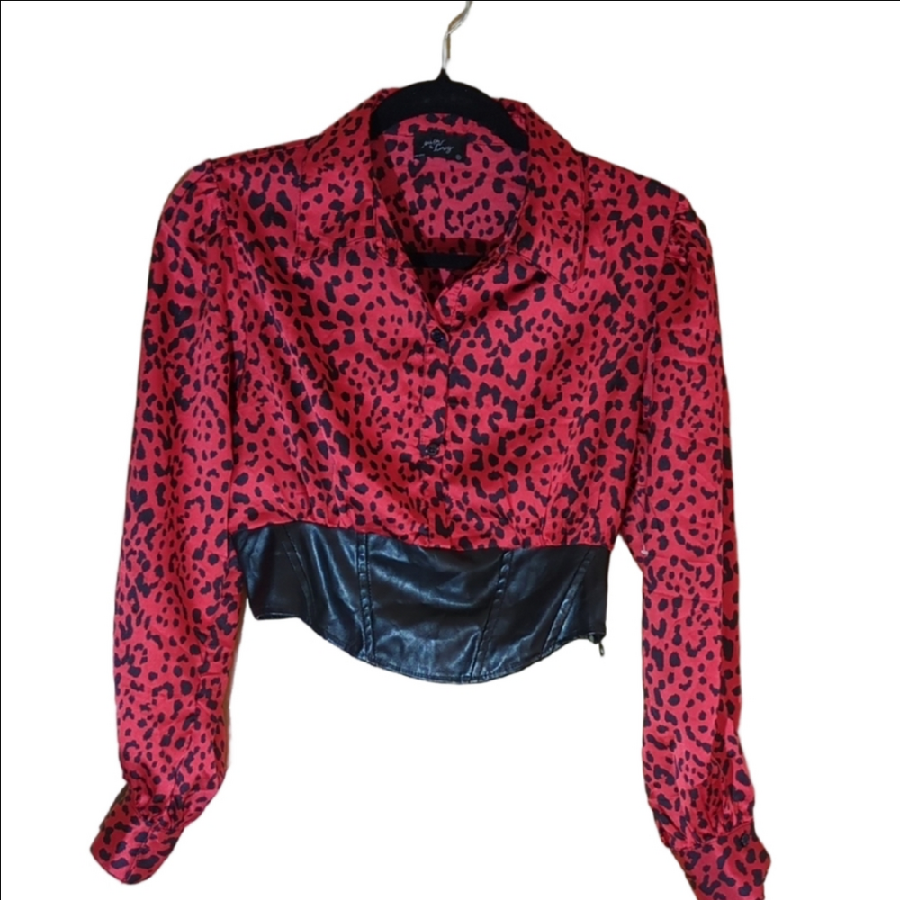 Red Long Sleeve Button Down With Faux Leather Blouse, Medium Size .